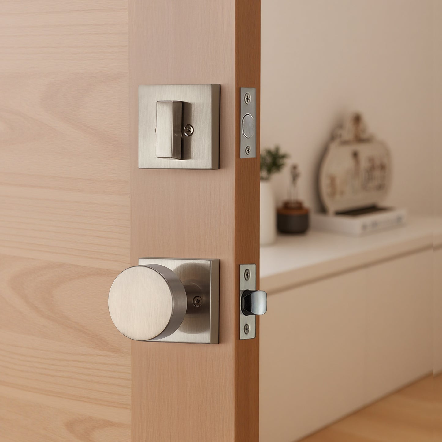 Satin Nickel Front Door Handle Set – Exterior Entry Lock with Single Cylinder Deadbolt & 3 Keys, Heavy-Duty Modern Lever, Reversible for Left/Right-Handed Doors