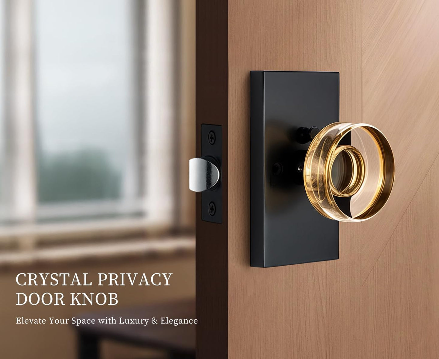 Champagne Glass Passage Door Knob – Crystal Non-Locking Interior Handle with Matte Black Rosette – Decorative Clear Knob for Hallway, Closet, or Guest Room Doors