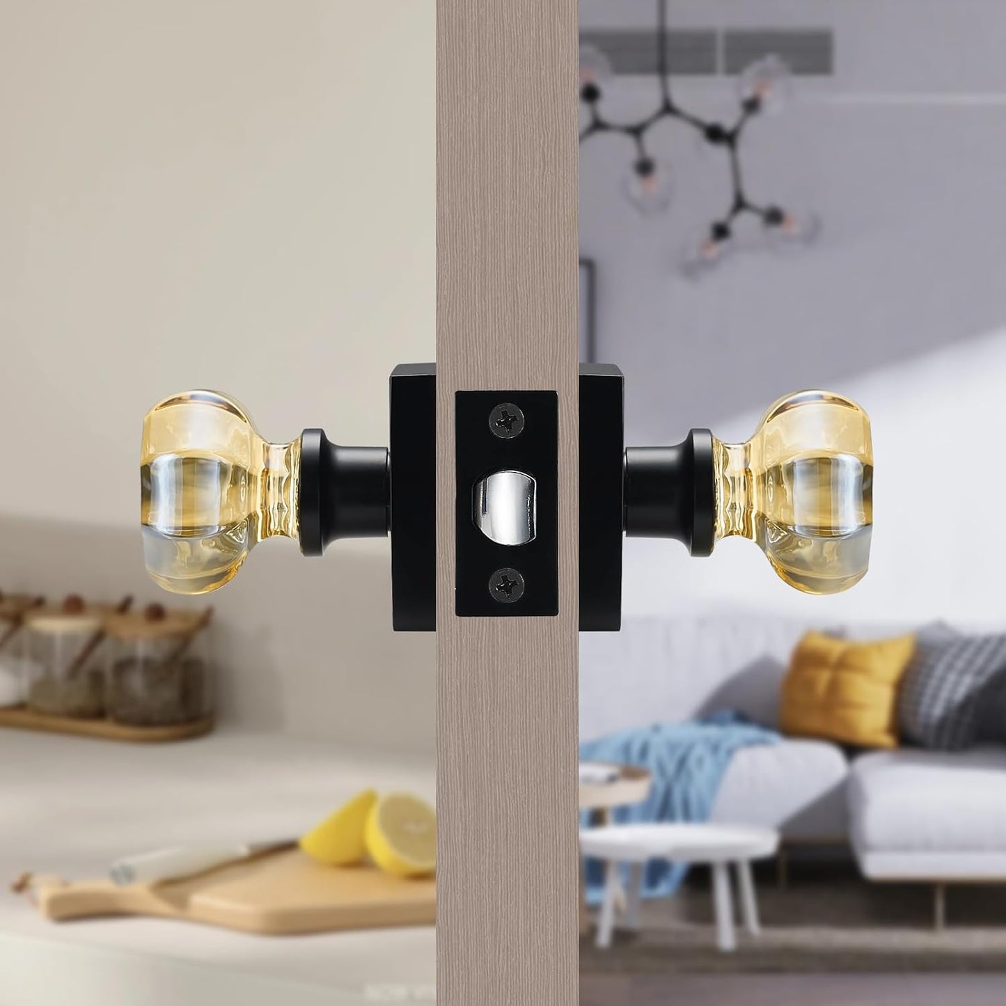Champagne Gold Glass Passage Door Knob – Non-Locking Interior Crystal Handle with Matte Black Square Rosette – Elegant Octagonal Style for Hallway, Closet, Kids Room