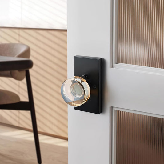 Champagne Glass Passage Door Knob – Crystal Non-Locking Interior Handle with Matte Black Rosette – Decorative Clear Knob for Hallway, Closet, or Guest Room Doors