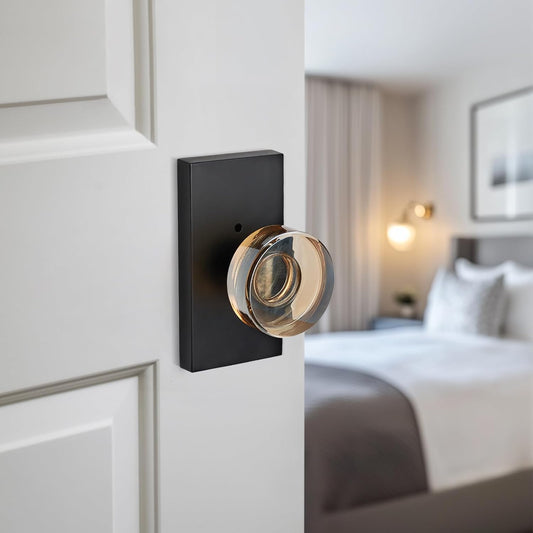 Champagne Privacy Glass Door Knob – Crystal Interior Lock with Matte Black Rectangular Rosette – Elegant Bathroom & Bedroom Door Handle for Modern or Vintage Home Décor