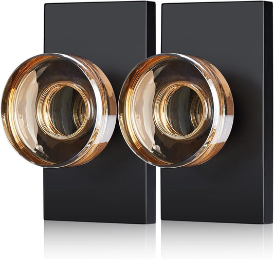 2 Pack Champagne Dummy Door Knob – Non-Turning Crystal Glass Handle with Matte Black Rosette – Decorative Knob Set for French Doors, Closets, Cabinets, Interior Décor