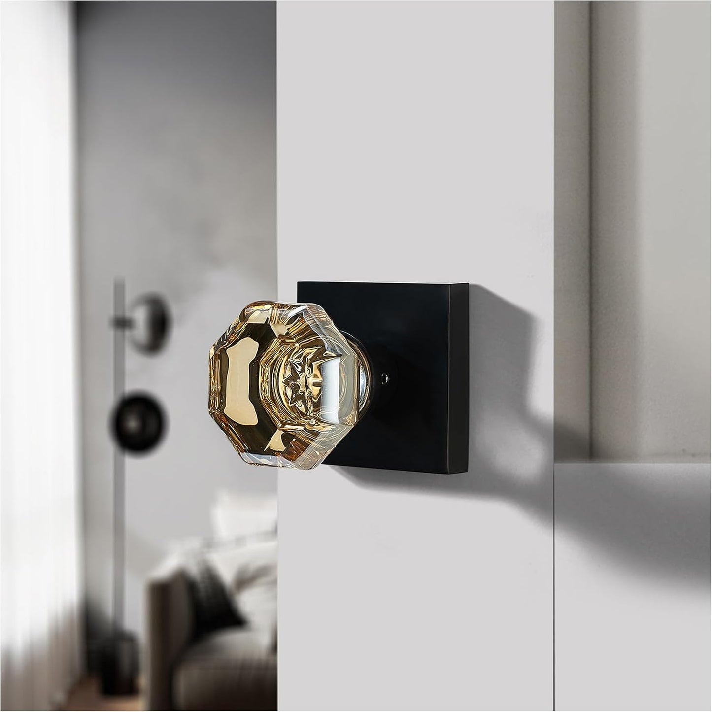 Champagne Gold Glass Passage Door Knob – Non-Locking Interior Crystal Handle with Matte Black Square Rosette – Elegant Octagonal Style for Hallway, Closet, Kids Room