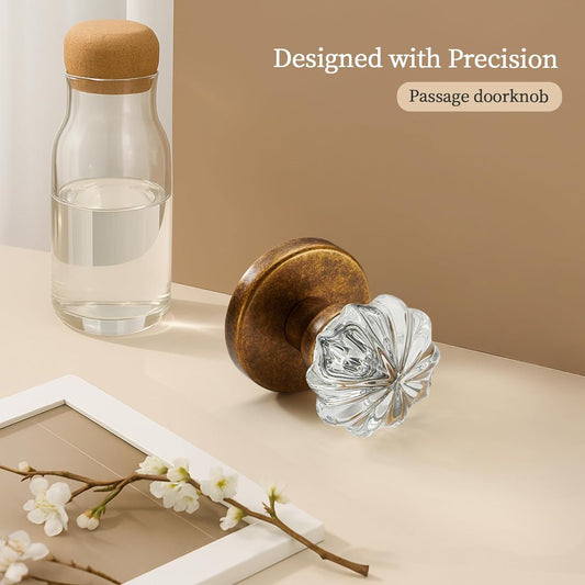 Aged Brass Crystal Passage Door Knob – Vintage Glass Interior Door Handle, Elegant Gold Hardware for Hallway, Closet, and Pantry