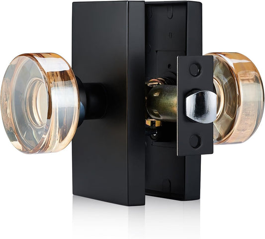 Champagne Glass Passage Door Knob – Crystal Non-Locking Interior Handle with Matte Black Rosette – Decorative Clear Knob for Hallway, Closet, or Guest Room Doors