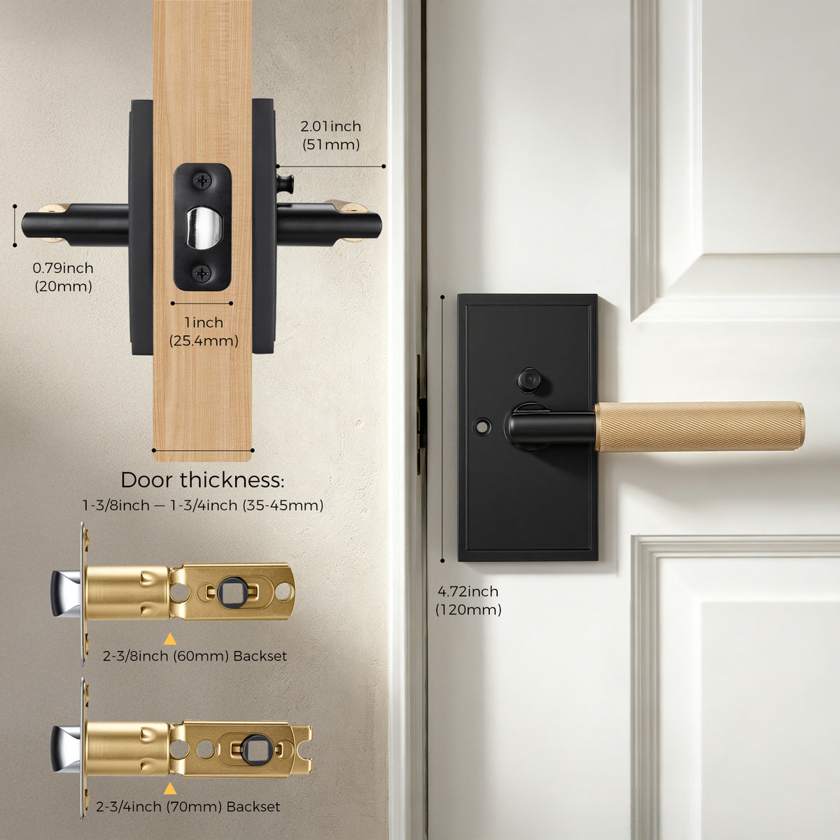 Matte Black Privacy Door Lever with Solid Brass Knurled Grip