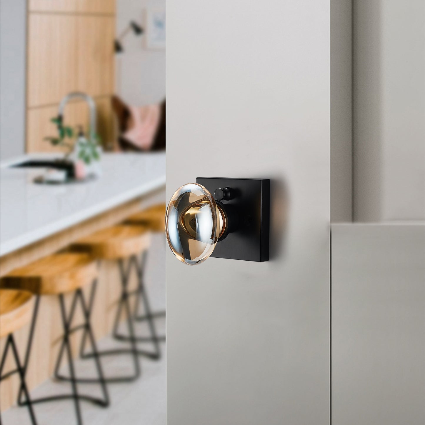 Champagne Gold Glass Door Knobs, Premium Privacy Crystal Door Handles with Lock, Square Rosette Matte Black Finished (Privacy)