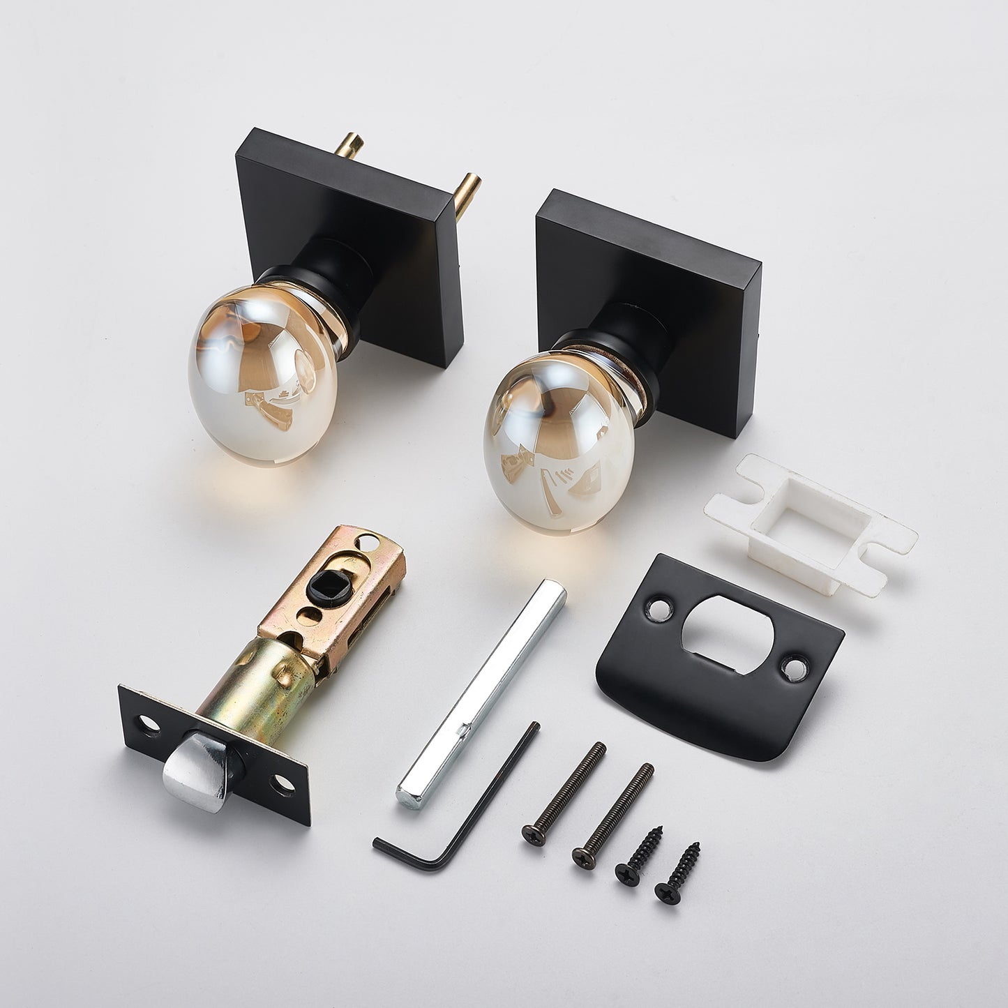 Champagne-Gold Oval-Glass Door Knobs - Interior Passage Premium Crystal Door Handles, Square Rosette Matte Black Finished(Passage)