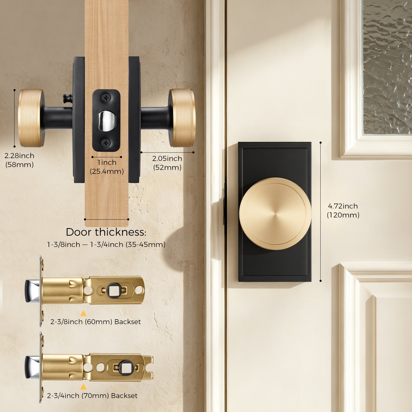Solid Brass Knurled Privacy Door Knob with Matte Black Rectangular Rosette