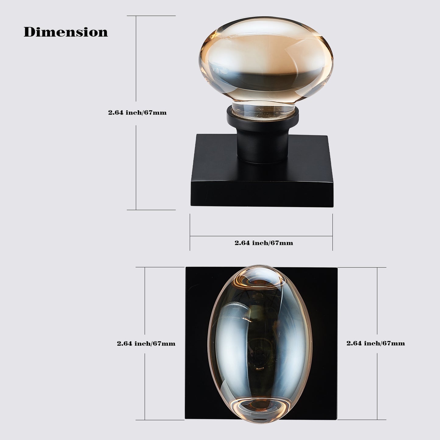 Champagne-Gold Glass Door Knobs - 2 Pack Non-Turning Single Side Dummy Crystal Door Handles, Square Rosette Matte Black Finished(Dummy)