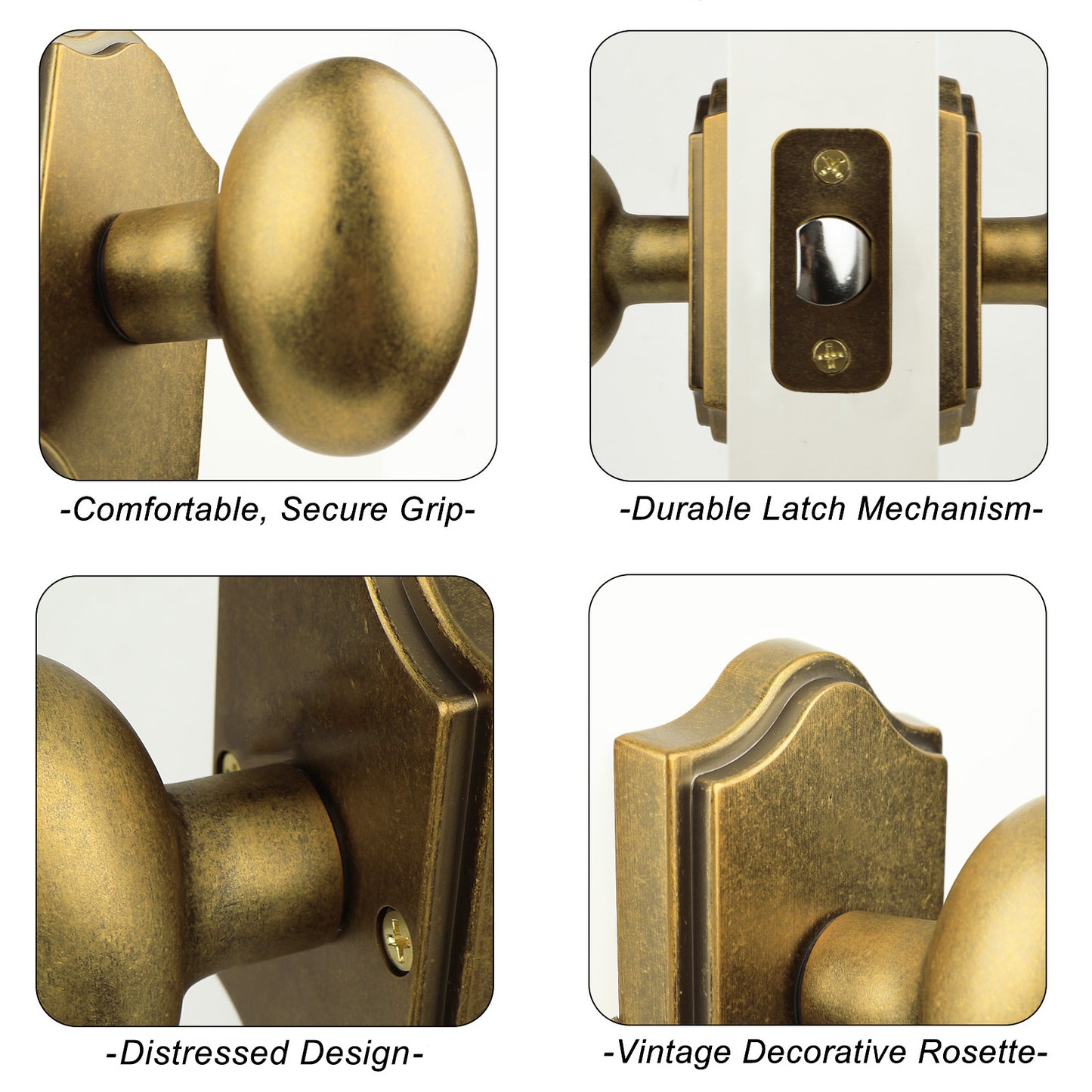 Antique Brass Finish Passage Door Knob Interior, Vintage Style Zinc Alloy Oval Heavy Duty Door Handle for Bathroom & Bedroom (Antique Brass, Passage)