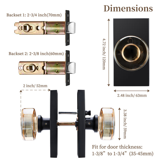 Champagne Privacy Glass Door Knob – Crystal Interior Lock with Matte Black Rectangular Rosette – Elegant Bathroom & Bedroom Door Handle for Modern or Vintage Home Décor