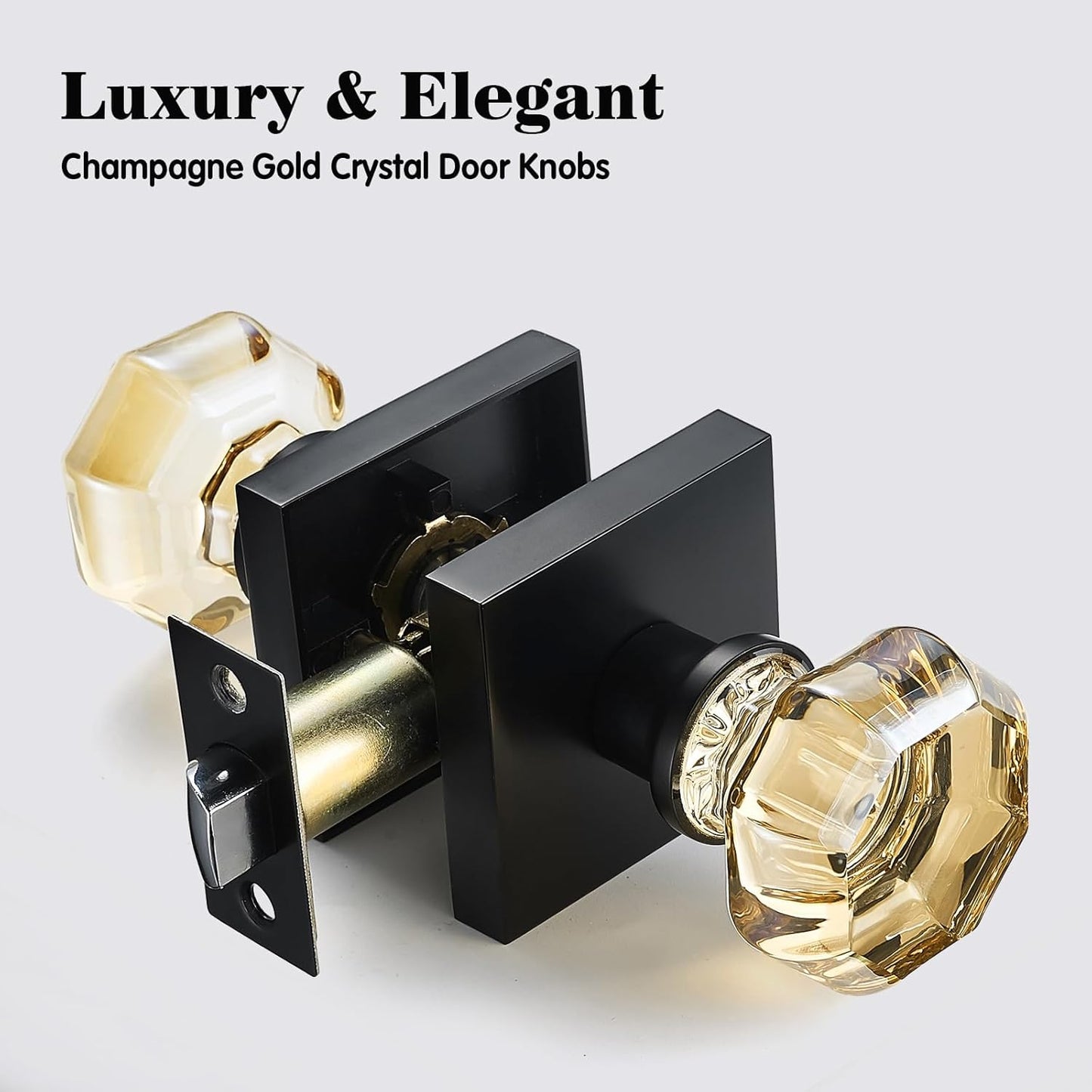 Champagne Gold Glass Passage Door Knob – Non-Locking Interior Crystal Handle with Matte Black Square Rosette – Elegant Octagonal Style for Hallway, Closet, Kids Room