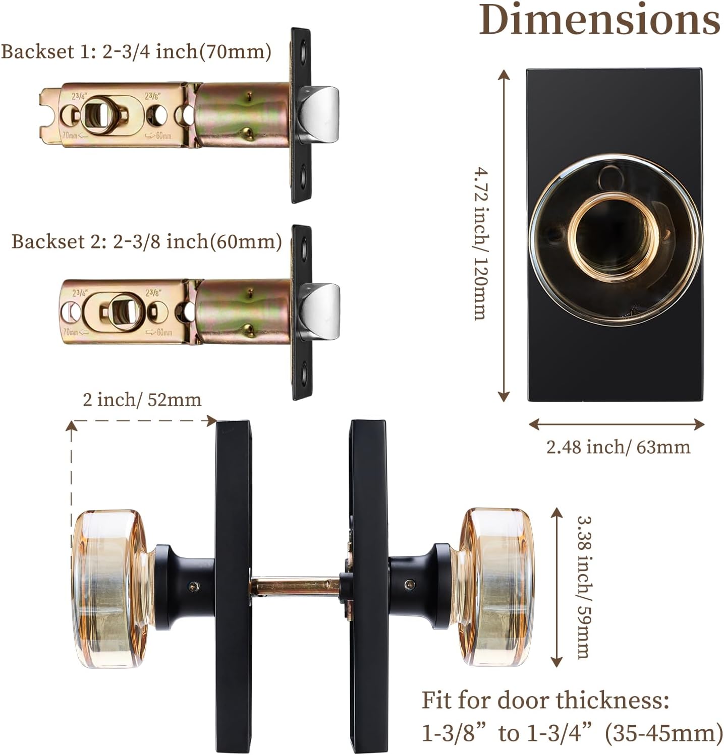 Champagne Glass Passage Door Knob – Crystal Non-Locking Interior Handle with Matte Black Rosette – Decorative Clear Knob for Hallway, Closet, or Guest Room Doors