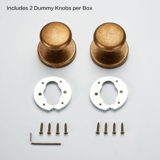 Rotating Dummy Door Knob Set – 2 Pack Antique Brass Round Decorative Knobs for Closet, Double Door, French Cabinet, Vintage Style Surface-Mount Handle with Smooth Rotation