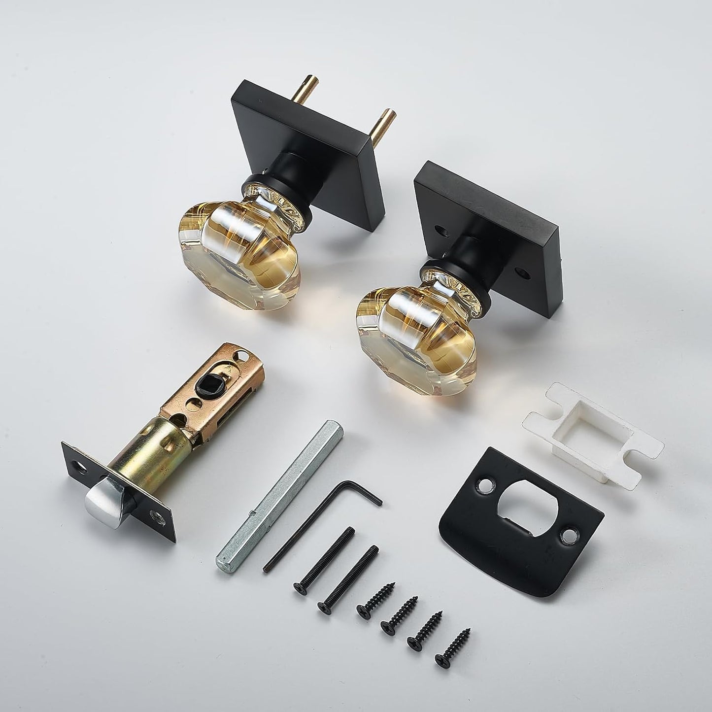 Champagne Gold Glass Passage Door Knob – Non-Locking Interior Crystal Handle with Matte Black Square Rosette – Elegant Octagonal Style for Hallway, Closet, Kids Room