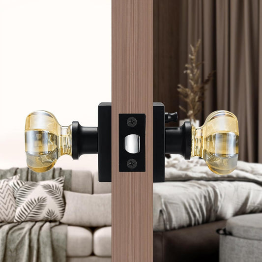 hampagne Gold Crystal Door Knob with Matte Black Square Rosette – Elegant Octagonal Privacy Handle Set for Bedroom, Bathroom, Closet – Vintage Glass Interior Door Lock for Home Decor