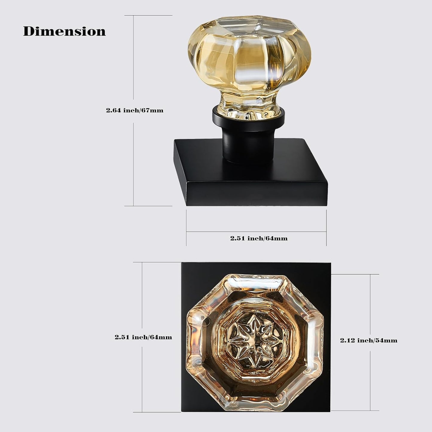 Champagne Gold Dummy Door Knob Set – 2 Pack Crystal Decorative Non-Turning Handles with Matte Black Square Rosette – Ideal for Closet, French Doors, Pantry, Cabinet