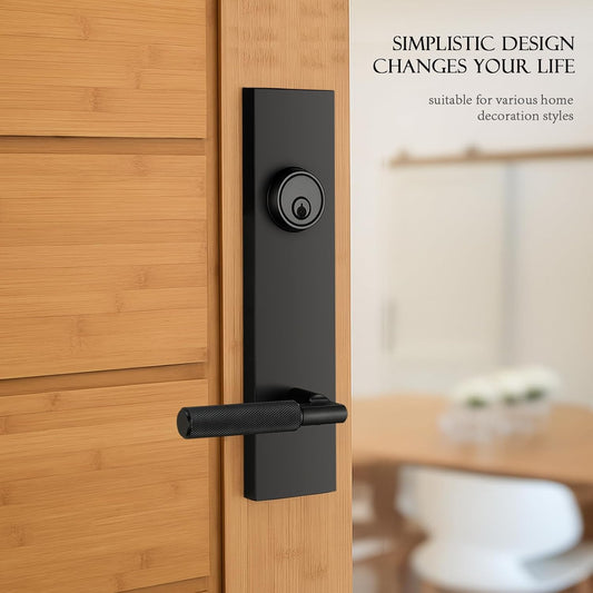 Matte Black Front Door Handle with Textured Grip – Durable Entry Door Lock Set with Deadbolt, Exterior Lever & 3 Keys for Left & Right Hand Doors. (Keyed Handleset, Matte Black)
