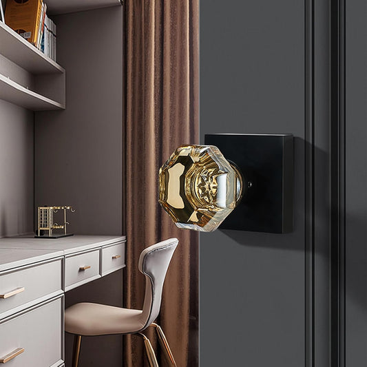 Champagne Gold Dummy Door Knob Set – 2 Pack Crystal Decorative Non-Turning Handles with Matte Black Square Rosette – Ideal for Closet, French Doors, Pantry, Cabinet