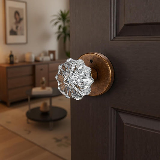 Crystal Door Knob with Lock-Aged Brass Privacy Door Handle Crystal, Glass Interior Door Knob, Vintage Gold Decorative Design - Elegant Door Hardware for Modern Home