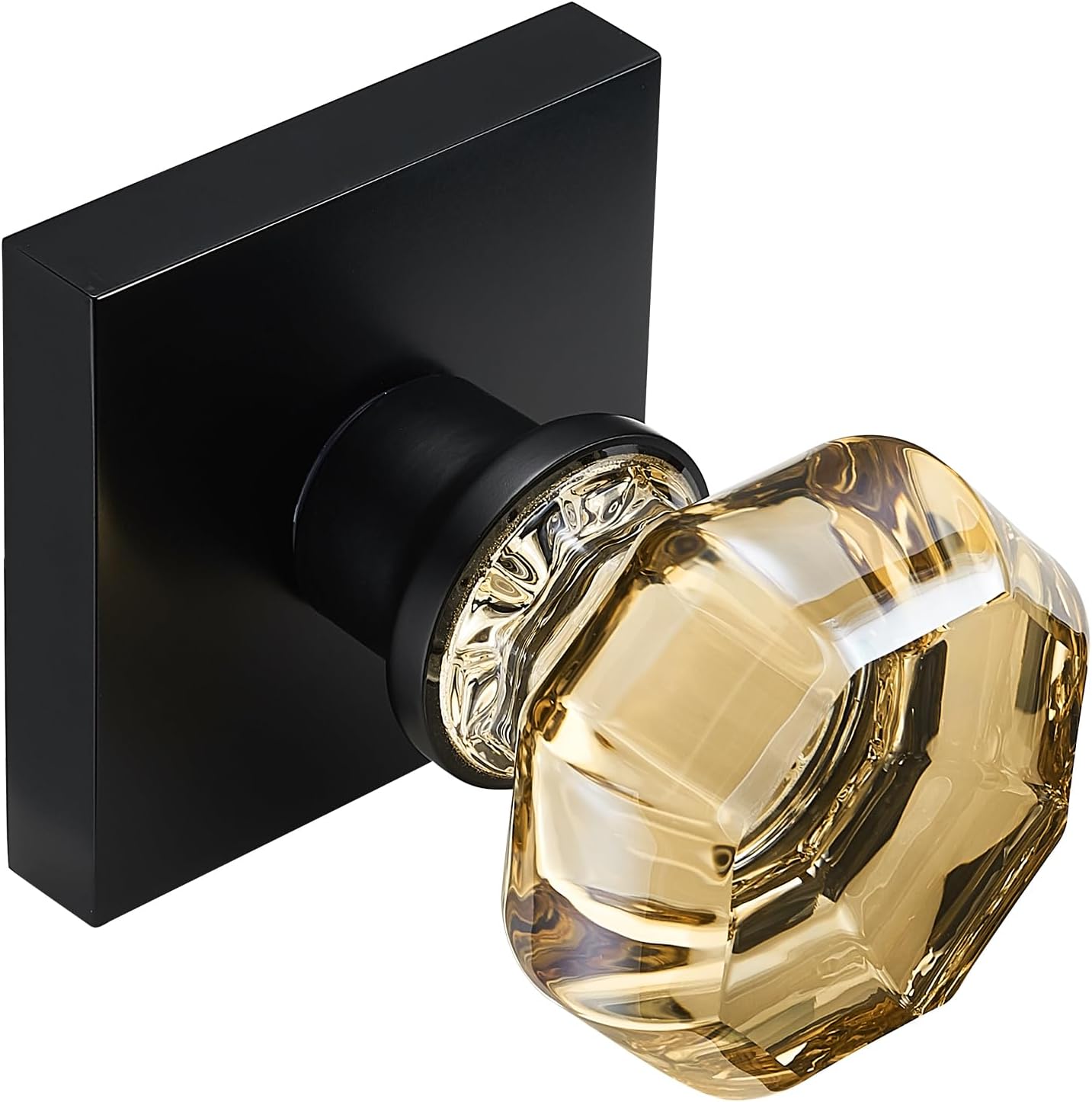 hampagne Gold Crystal Door Knob with Matte Black Square Rosette – Elegant Octagonal Privacy Handle Set for Bedroom, Bathroom, Closet – Vintage Glass Interior Door Lock for Home Decor