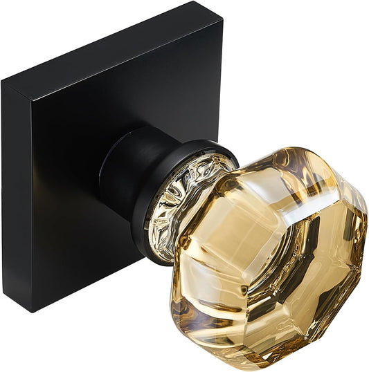 hampagne Gold Crystal Door Knob with Matte Black Square Rosette – Elegant Octagonal Privacy Handle Set for Bedroom, Bathroom, Closet – Vintage Glass Interior Door Lock for Home Decor
