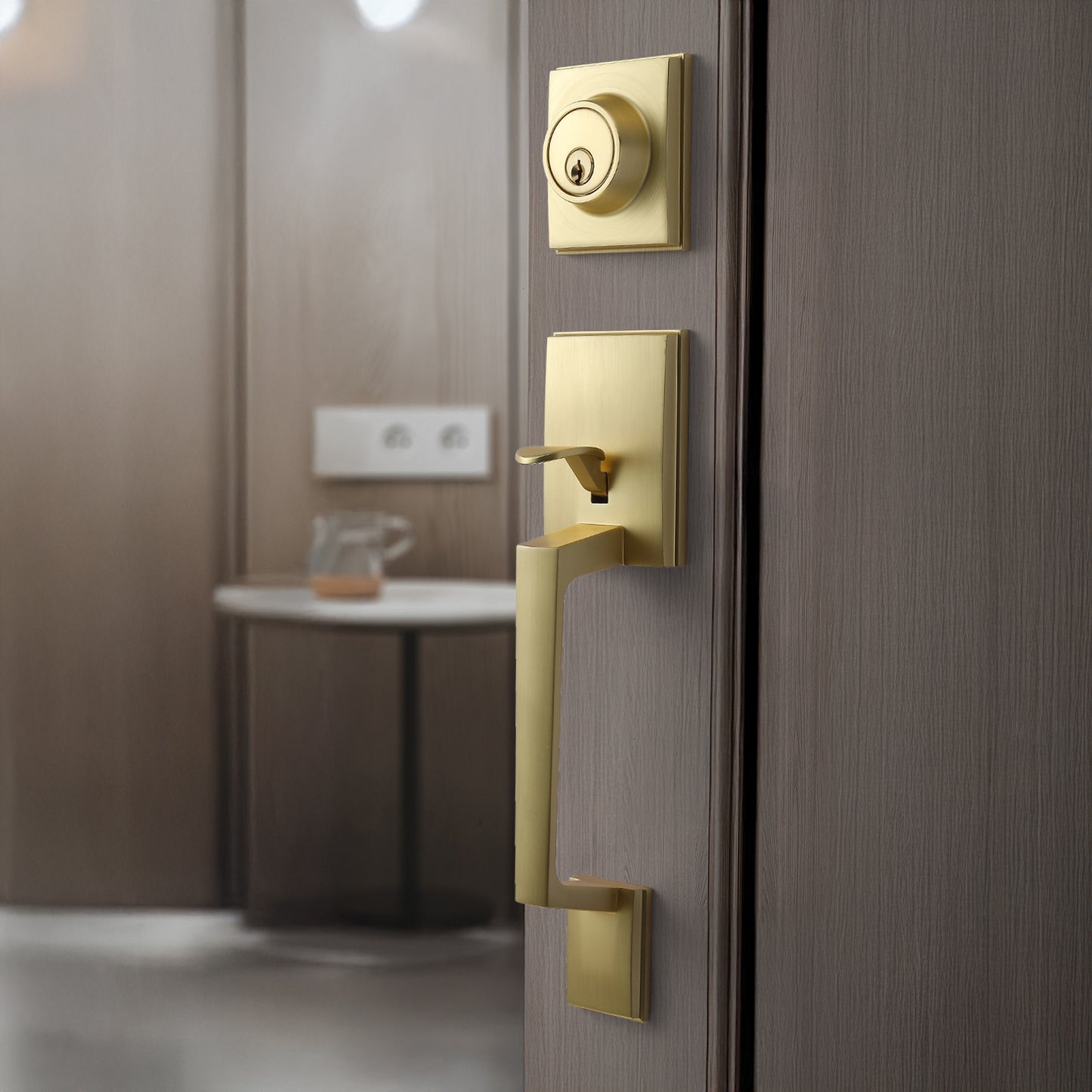 Satin-Brass Modern Front Door-Handle - Entry Door Lock with 3 Keys Single Cylinder Deadbolt,Exterior Door Knob Set Reversible for Left and Right Hand