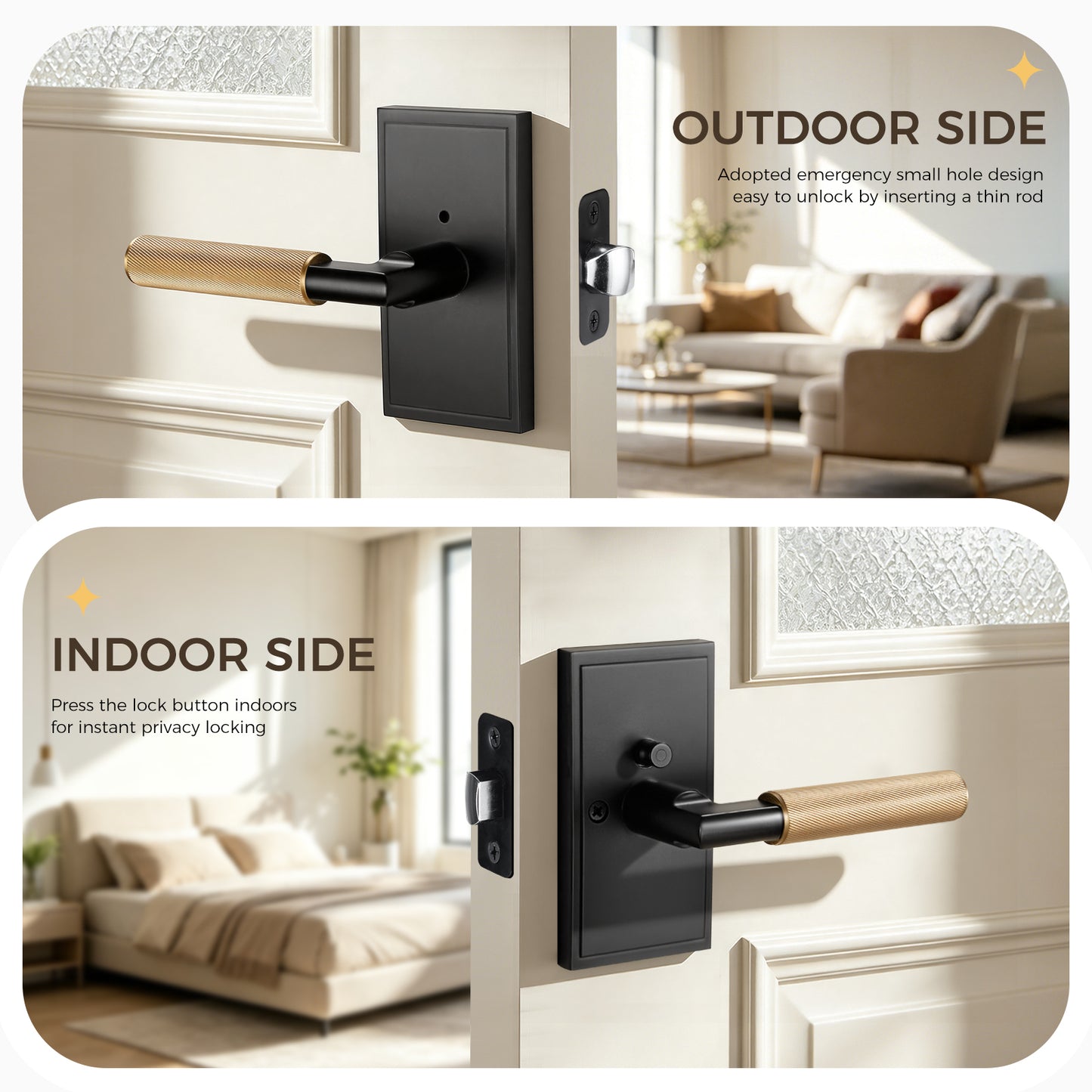 Matte Black Privacy Door Lever with Solid Brass Knurled Grip