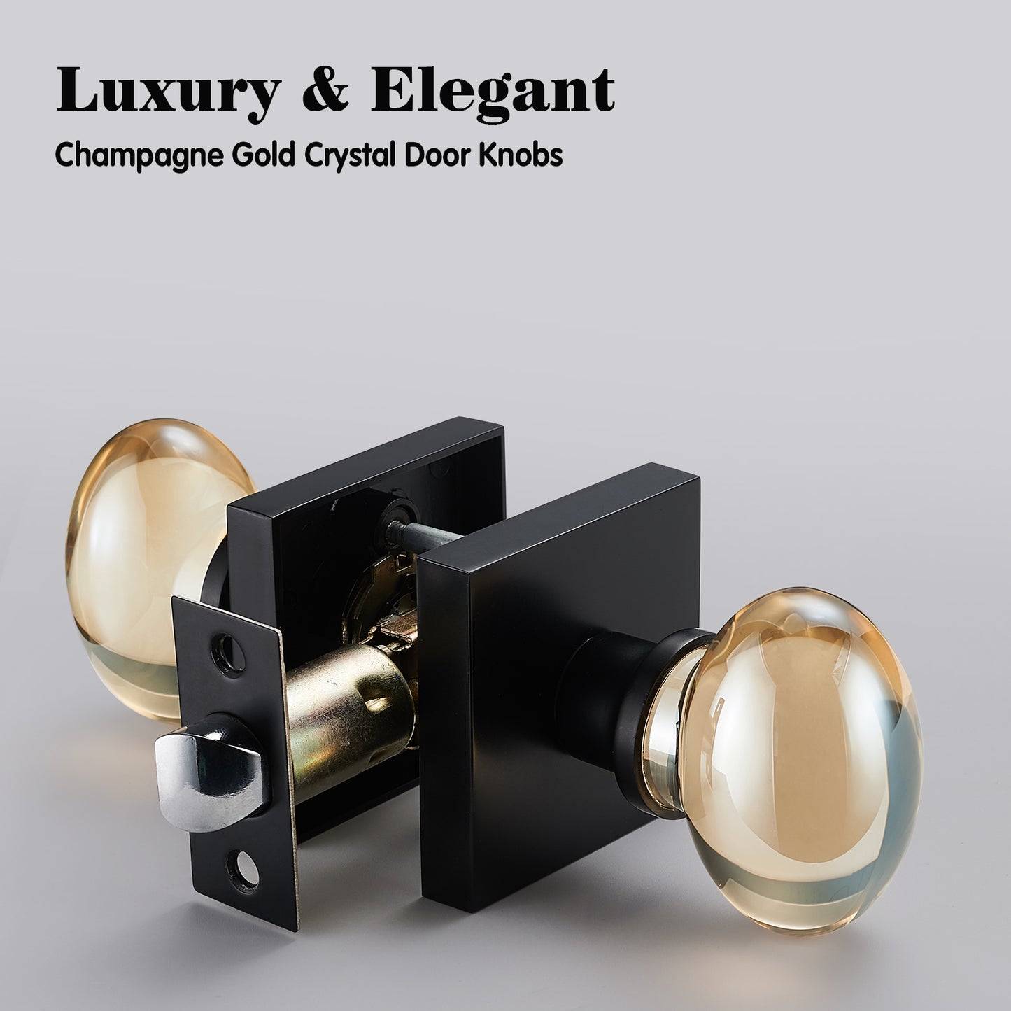 Champagne-Gold Oval-Glass Door Knobs - Interior Passage Premium Crystal Door Handles, Square Rosette Matte Black Finished(Passage)