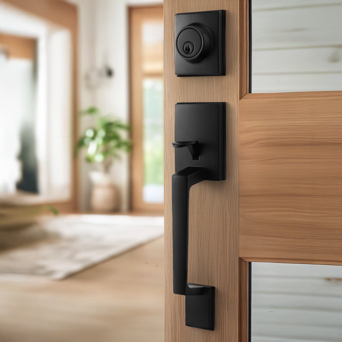 Matte-Black Modern Front Door-Handle - Entry Door Lock with 3 Keys Single Cylinder Deadbolt,Exterior Door Lever Set,Indoor and Outdoor Handle,Reversible for Left and Right Hand