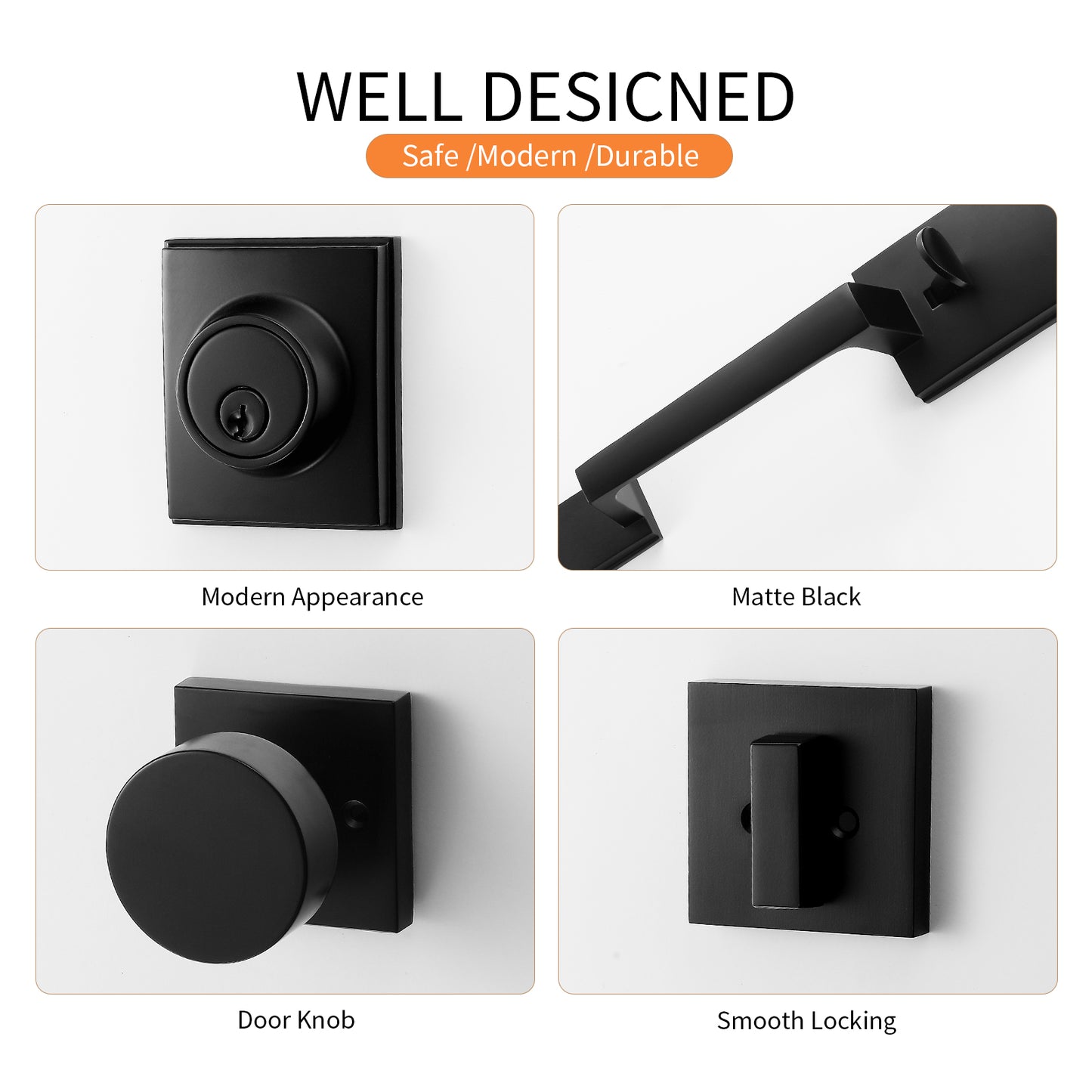 Matte-Black Modern Front Door-Handle - Entry Door Lock with 3 Keys Single Cylinder Deadbolt,Exterior Door Lever Set,Indoor and Outdoor Handle,Reversible for Left and Right Hand