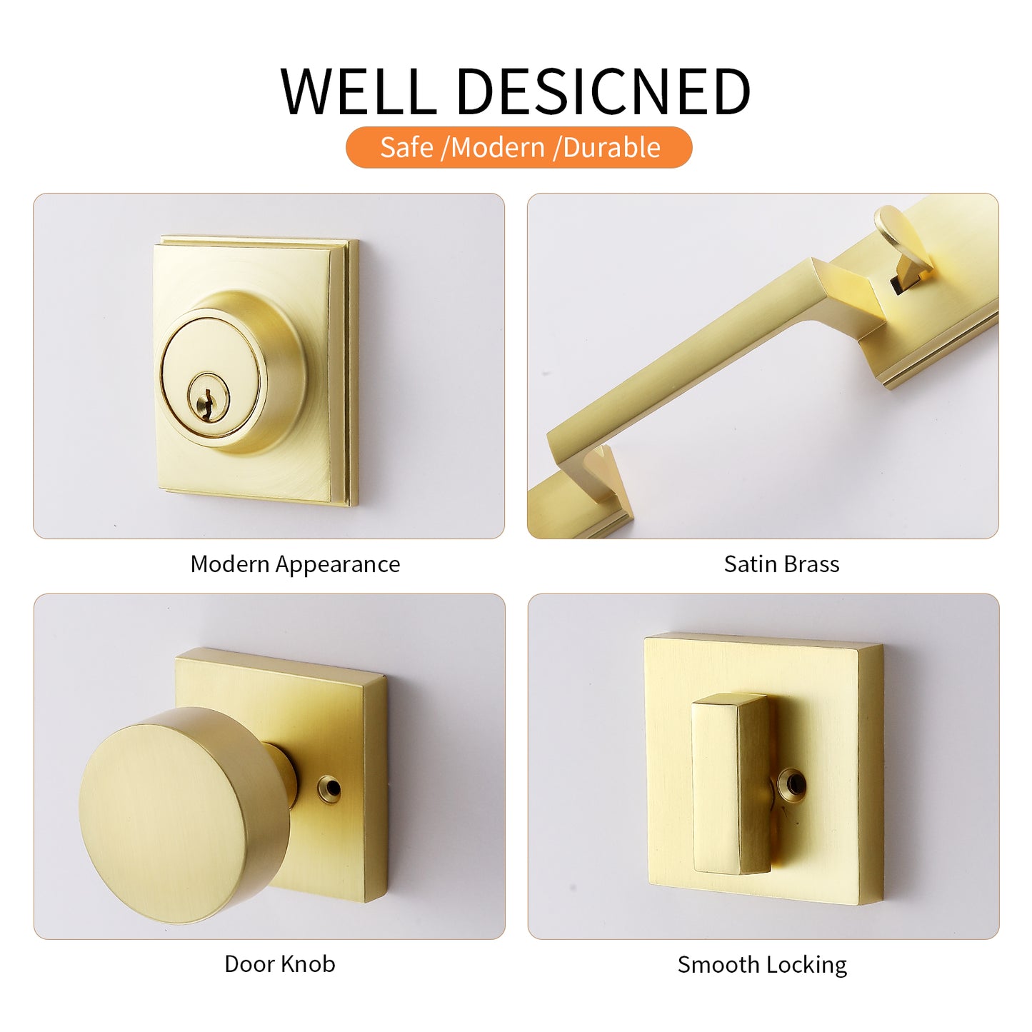 Satin-Brass Modern Front Door-Handle - Entry Door Lock with 3 Keys Single Cylinder Deadbolt,Exterior Door Knob Set Reversible for Left and Right Hand