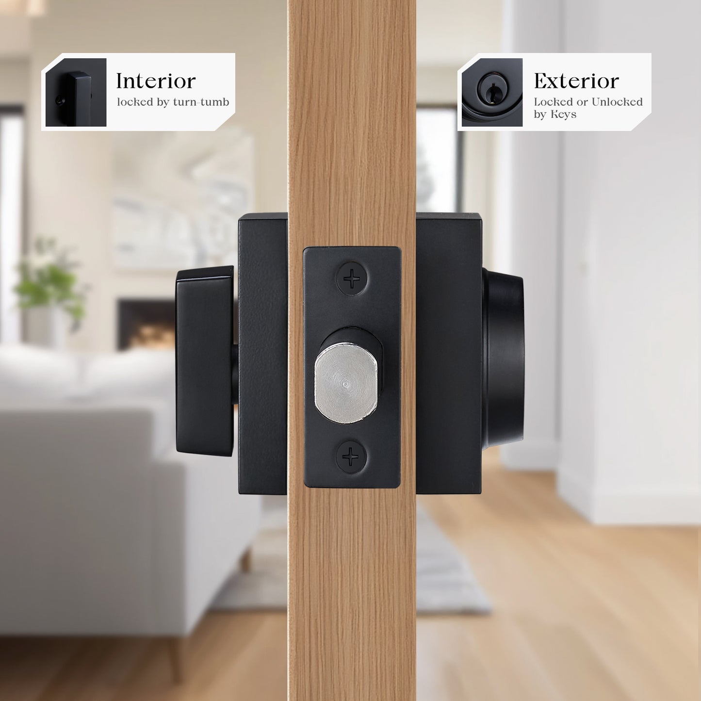 Matte Black Square Deadbolt Lock – Single Cylinder Keyed Entry with Thumb Turn, Heavy Duty Security Lock, Adjustable Latch, Reversible for Left/Right Doors, Modern Door Hardware for Front Entry