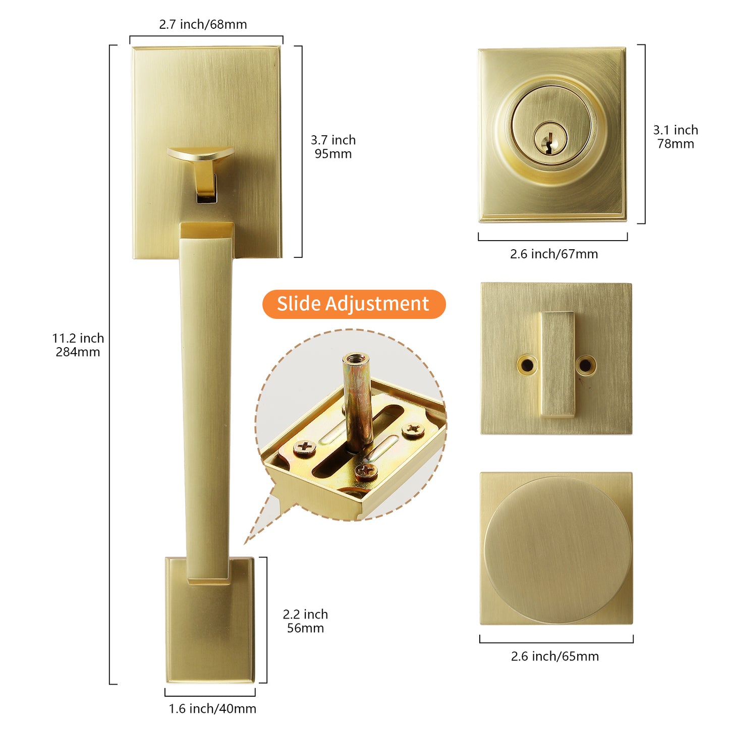 Satin-Brass Modern Front Door-Handle - Entry Door Lock with 3 Keys Single Cylinder Deadbolt,Exterior Door Knob Set Reversible for Left and Right Hand