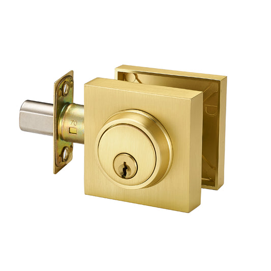Single Cylinder Deadbolt Lock - Gold Satin Brass Square for Front Door with 3 Keys Modern Heavy Duty High Security Lock (Deadbolt, Satin Brass)