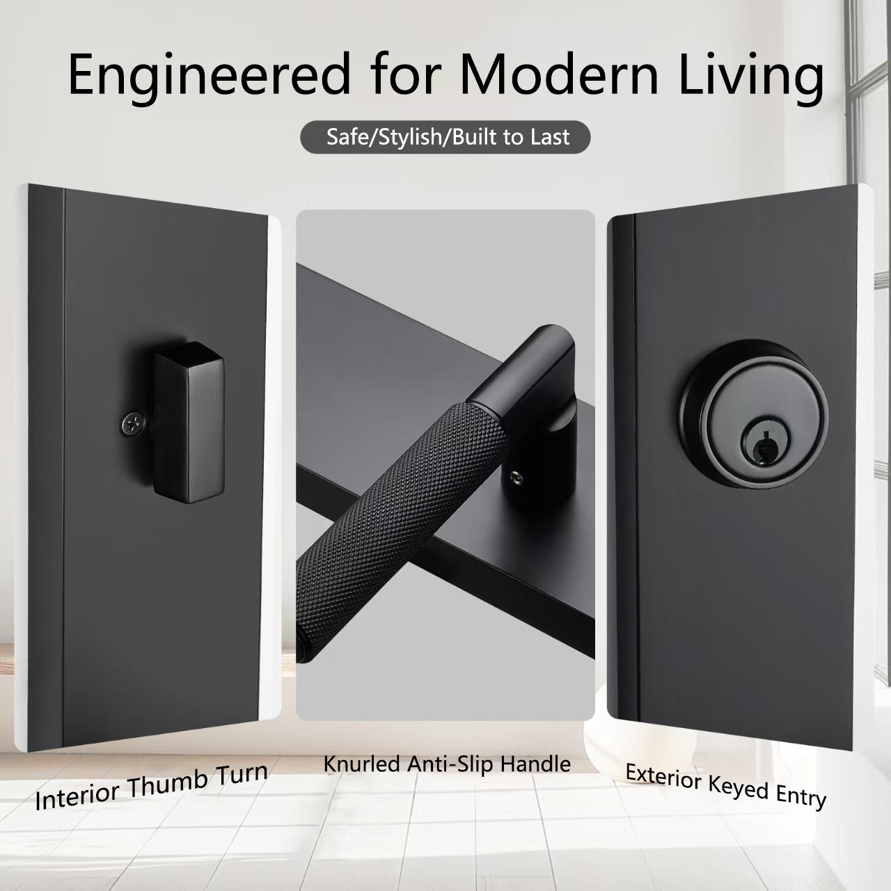 Matte Black Front Door Handle with Textured Grip – Durable Entry Door Lock Set with Deadbolt, Exterior Lever & 3 Keys for Left & Right Hand Doors. (Keyed Handleset, Matte Black)